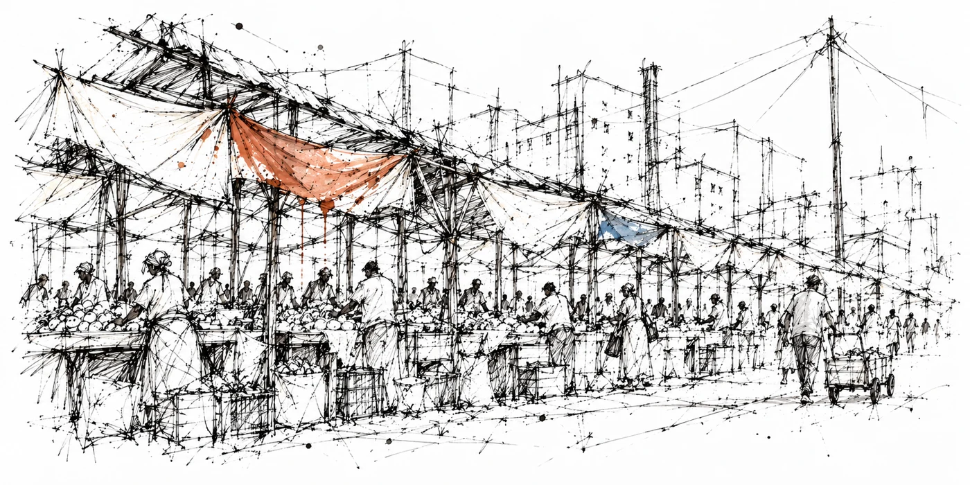 Pen-and-ink illustration of an urban marketplace with subtle colour accents